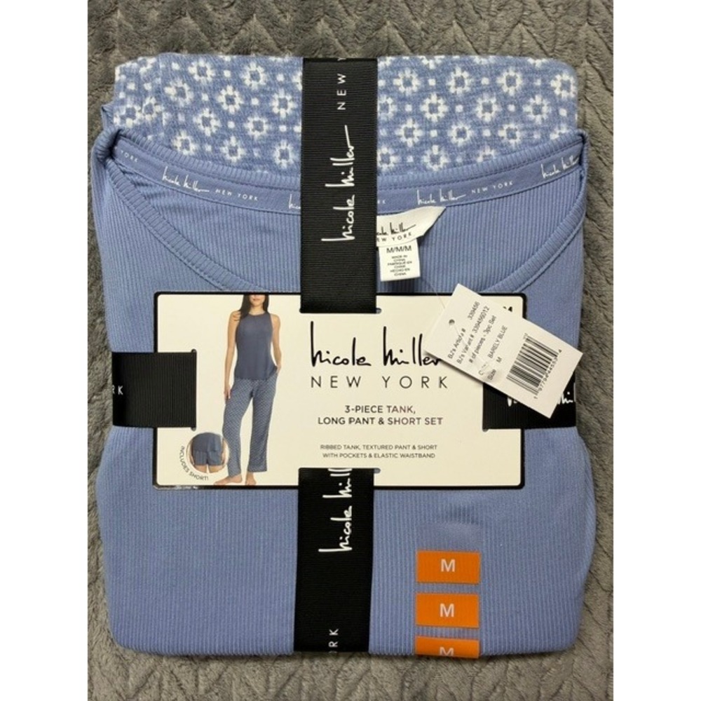 Nicole Miller New York Womens 3-Piece Pajama Set Tank Pants Shorts Blue Med 0559